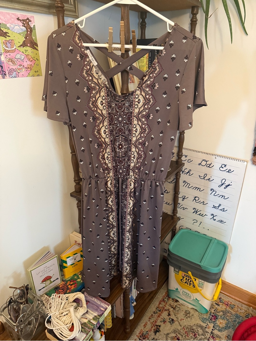 Maurices Taupe Printed Midi Dress with Crisscross Back